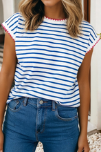 Load image into Gallery viewer, LDC Stripe Contrast Trim Round Neck Cap Sleeve Tee: Blue Stripe / L