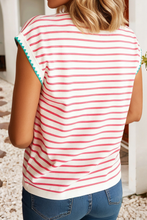 Load image into Gallery viewer, LDC Stripe Contrast Trim Round Neck Cap Sleeve Tee: Blue Stripe / L
