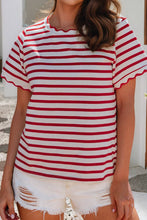 Load image into Gallery viewer, Jules Spring Scalloped Trim Round Neck Red Stripe T Shirt