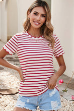 Load image into Gallery viewer, Jules Spring Scalloped Trim Round Neck Red Stripe T Shirt