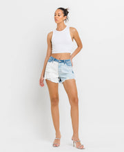 Load image into Gallery viewer, Lady wearing the High Rise Block Shorts. Made with a super high rise and a trendy tri-color design, these shorts are sure to turn heads.