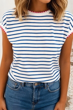 Load image into Gallery viewer, LDC Stripe Contrast Trim Round Neck Cap Sleeve Tee: Blue Stripe / L