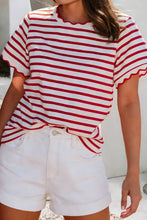 Load image into Gallery viewer, Jules Spring Scalloped Trim Round Neck Red Stripe T Shirt