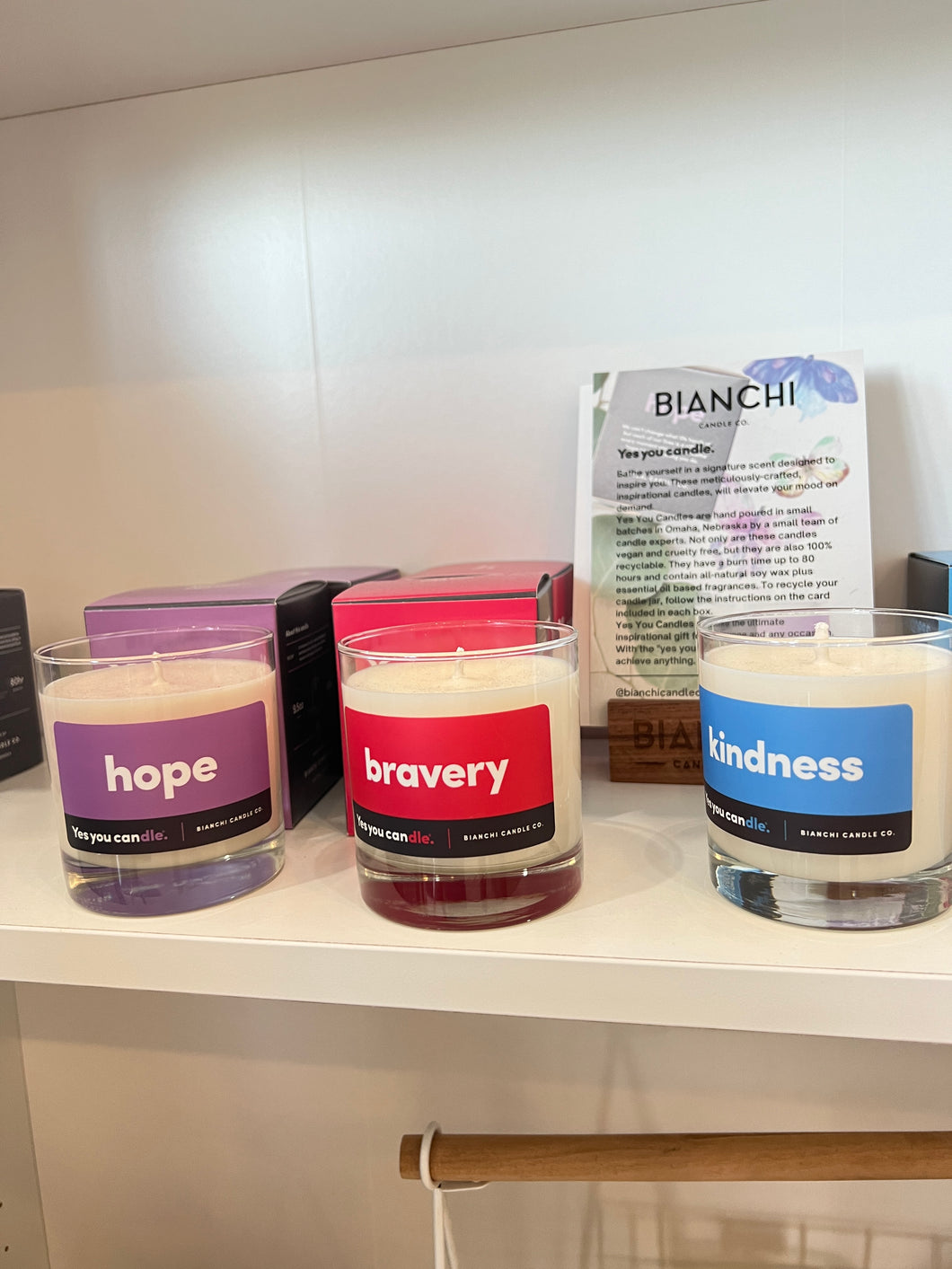 Bianchi Candles. Hope Candle, Bravery Candle and Kindness Candle. 