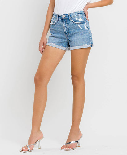 Lady wearing the Cuffed A Line Shorts.
