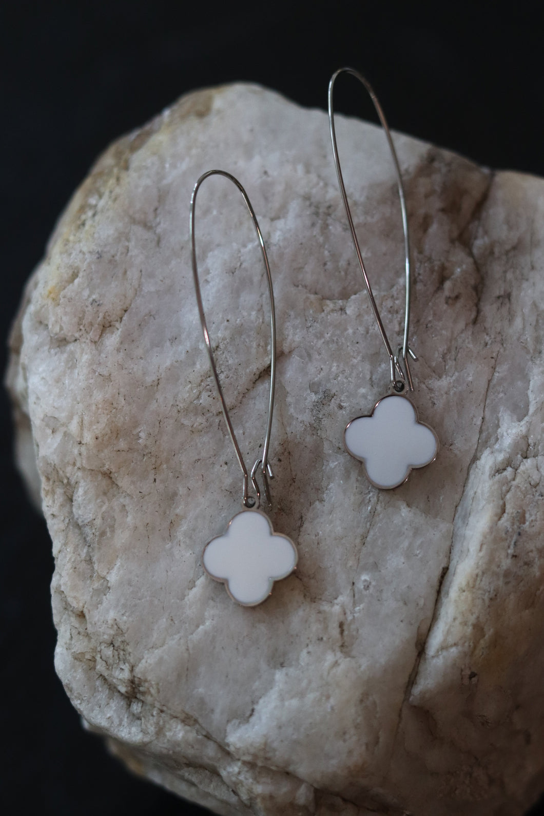Silver and White Clover Dangle Earrings 