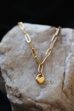 Load image into Gallery viewer, Dainty Gold Heart Locket Necklace – 18K Gold Plated Stainless Steel Paperclip Chain

