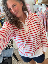 Load image into Gallery viewer, Red and White Striped V Neck Pullover
