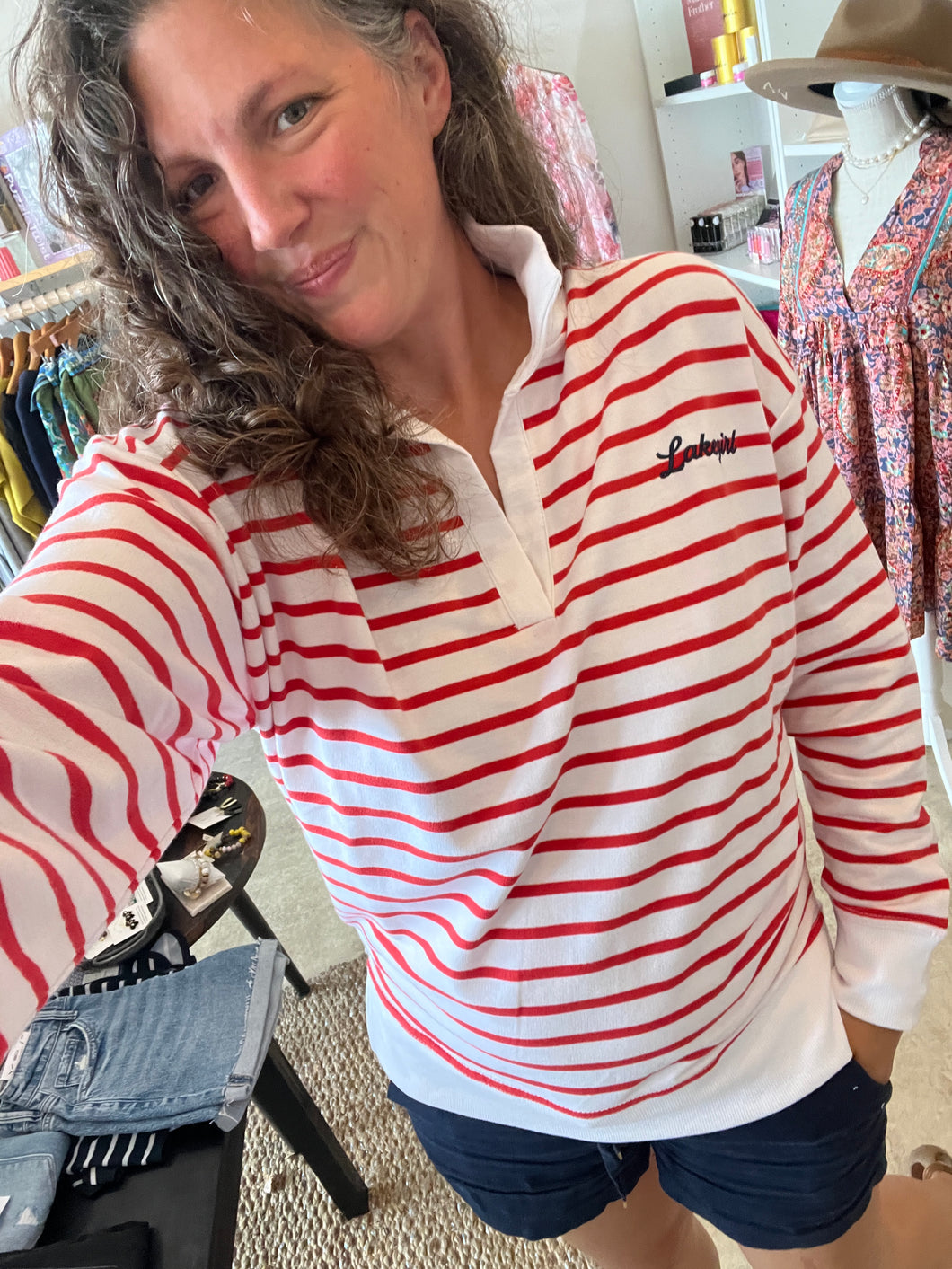 Red and White Striped V Neck Pullover