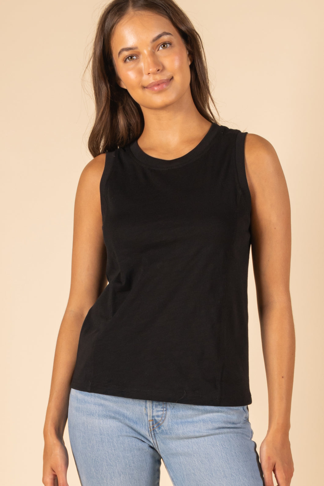 Round Neck Cotton Tank in Black