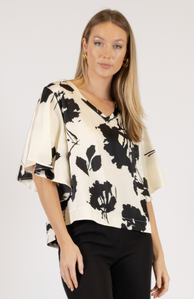 White and Black Flutter Sleeve Top