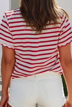 Load image into Gallery viewer, Jules Spring Scalloped Trim Round Neck Red Stripe T Shirt
