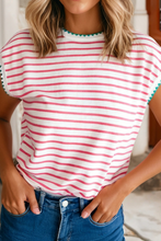 Load image into Gallery viewer, LDC Stripe Contrast Trim Round Neck Cap Sleeve Tee: Blue Stripe / L
