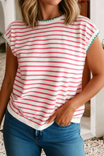 Load image into Gallery viewer, LDC Stripe Contrast Trim Round Neck Cap Sleeve Tee: Blue Stripe / L
