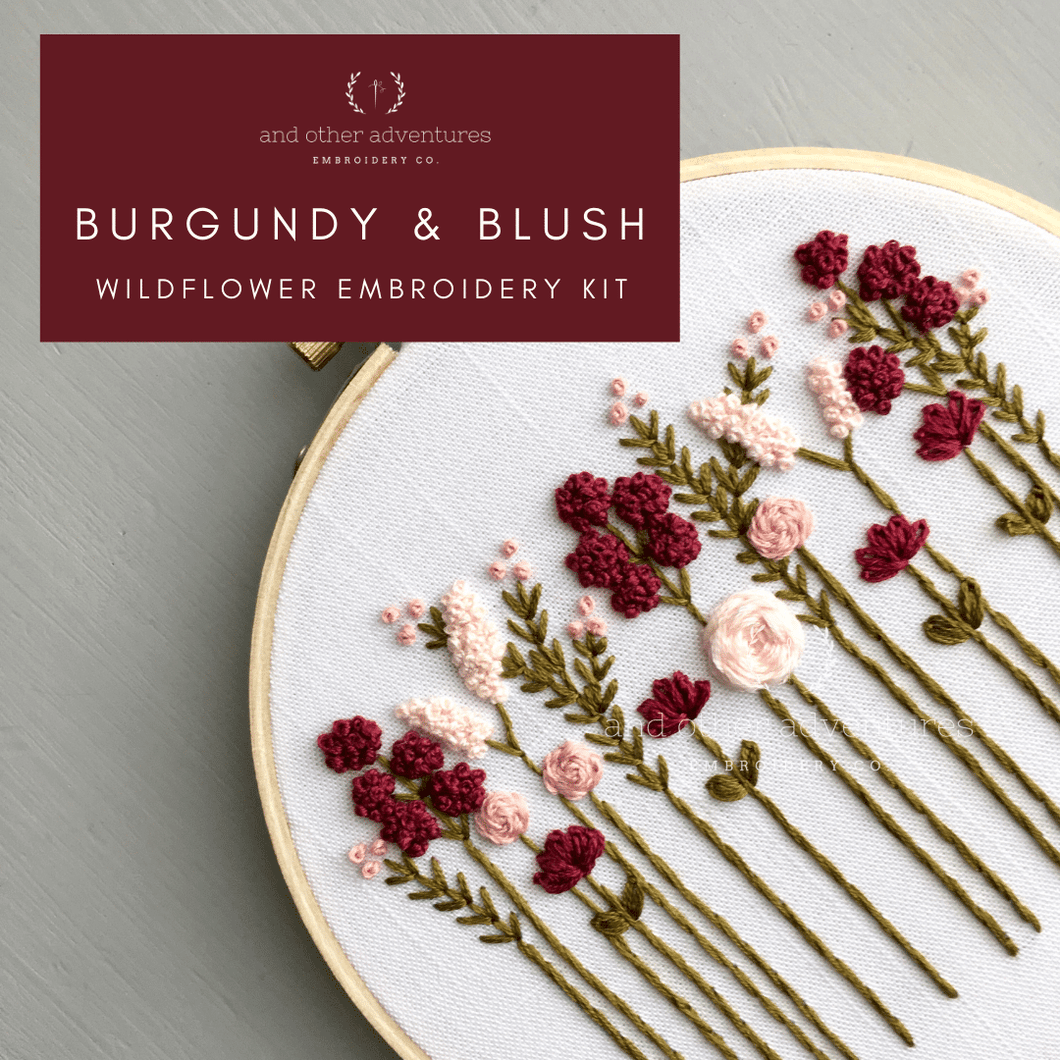 Beginner Embroidery KIT - Burgundy & Blush Wildflowers